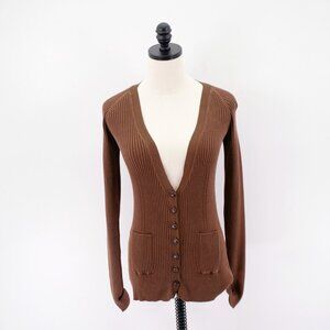 Bebe Brown Plunging V-Neck Leather‎ Button Cardigan Sweater Ribbed Cotton Small
